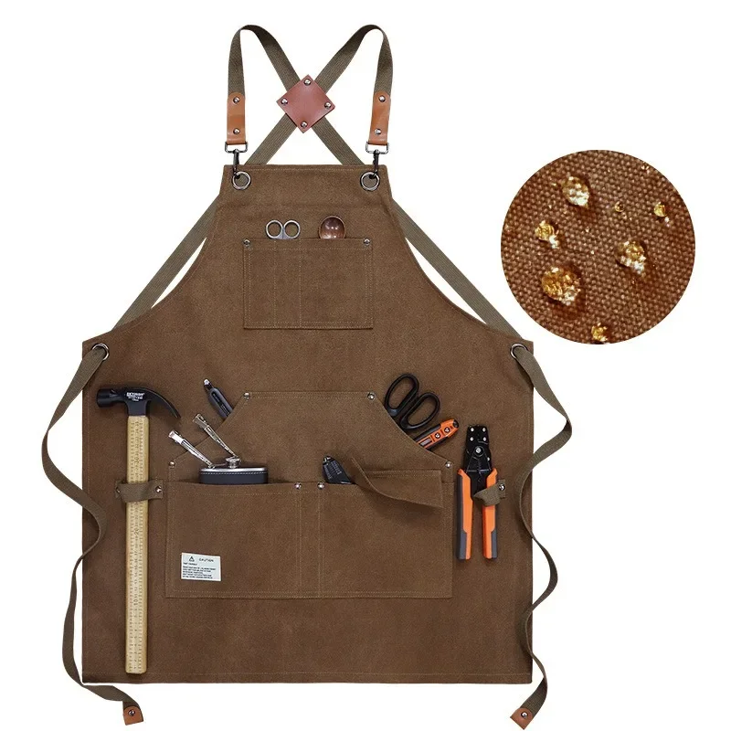 Multi Pocket Canvas Apron, Kitchen Household Waterproofing Canvas Wear-resistant Apron Work Clothes