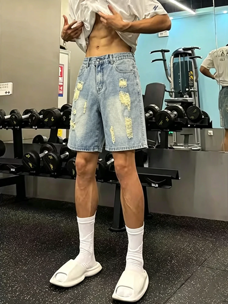 

Light Blue Washed Ripped Denim Shorts Men's Summer Design Slimming American Five-Point Straight Leg mid Waist Fit