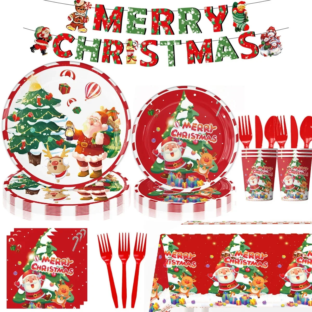 Christmas Party Paper Plate Decoration Children's Party Sets Pull Flag Balloon Plug Tableware New Year Party Supplies