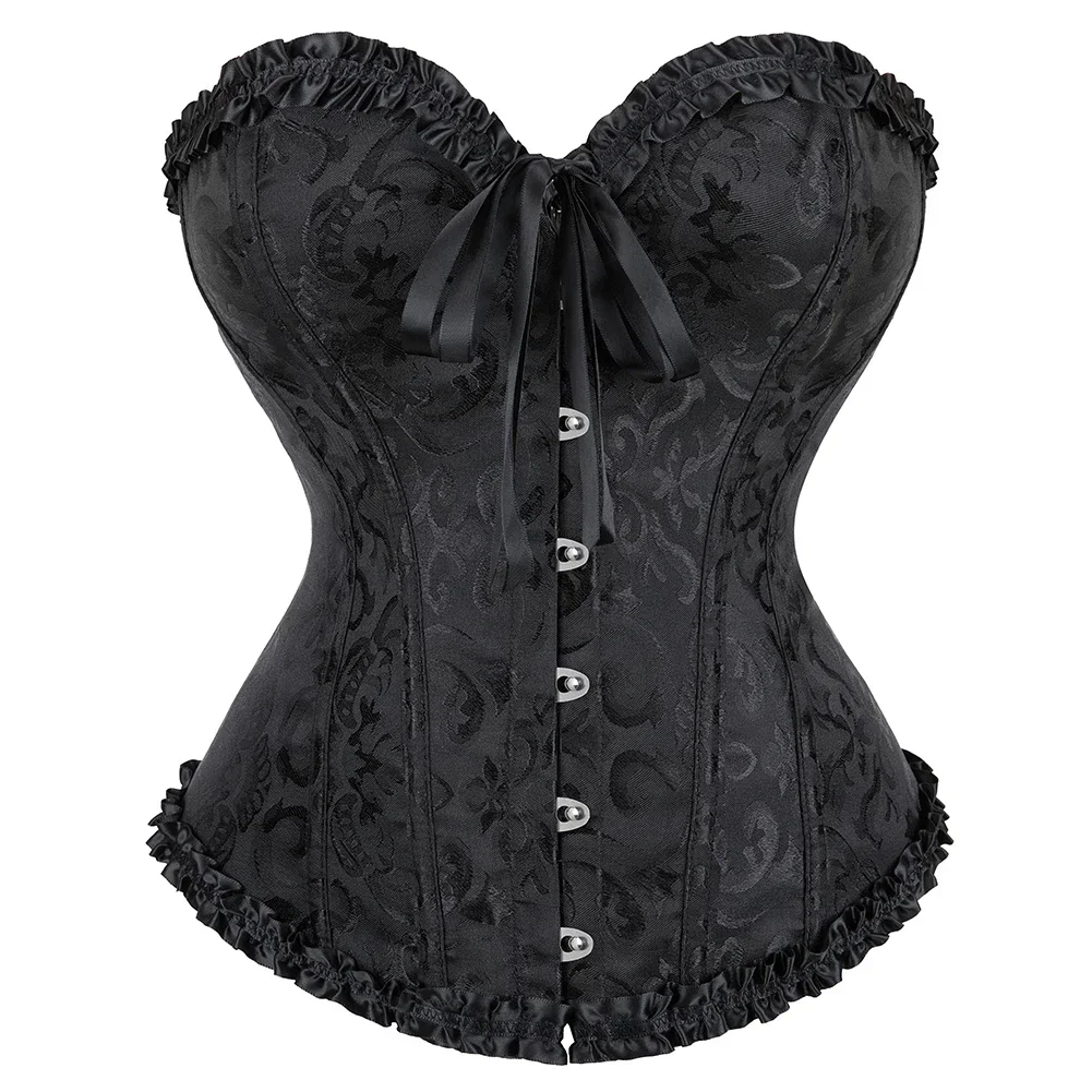 Sweetheart Corset Top for Women Sleeveless Floral Print Black Brocade Overbust Corset with Ruffle Trim Gothic Bustier