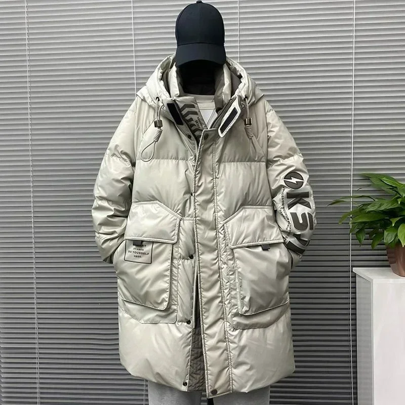 Winter Fashion Men's High-end Down Warmth Jacket No-wash Waterproof Mid-length Brand Handsome Thick Young White Duck Down Coat