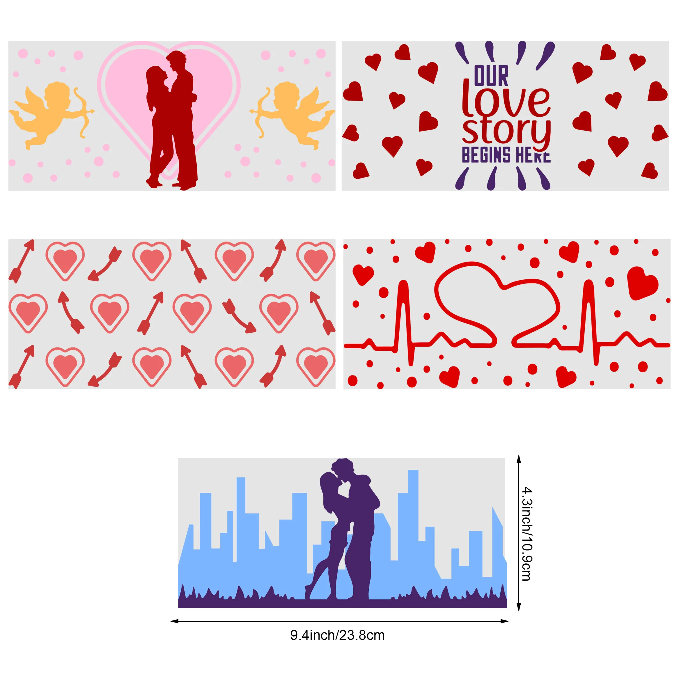 5sheets Valentine's Day UV DTF Cup Stickers, Glass DTF Transfer Stickers, Waterproof Couple Wipe-Off Transfer Paper