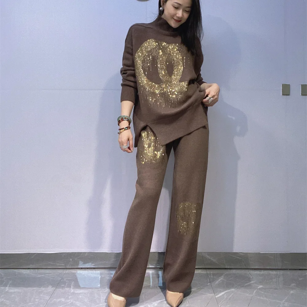 Zweiteilige Sets Damen-Outfits, geometrische Diamanten, Freizeitkleidung, Rollkragen, weites Bein, Hosenanzüge, Conjunto Femenino Roupa Elegante