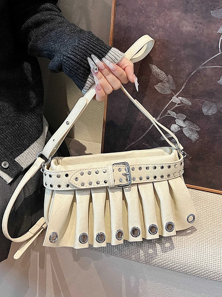 

Punk Style Rivets Design Shoulder Bags for Women Fashion PU Leather Pleated Underarm Bag Cool Girl Crossbody Bag