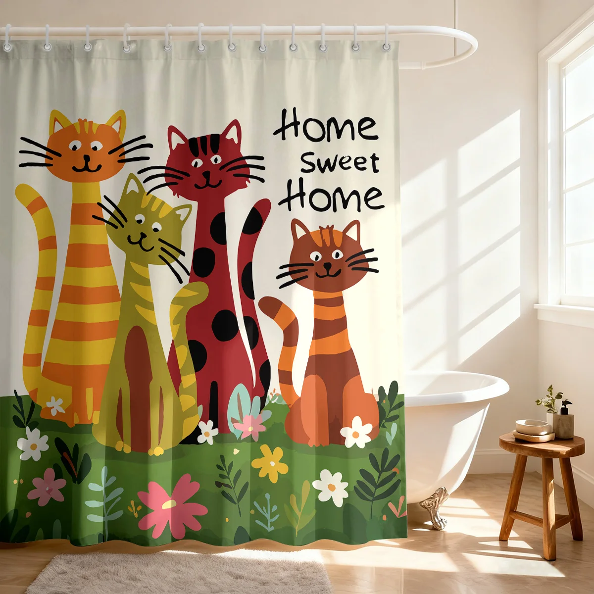 

1pc Cute Cartoon Cat Printed Waterproof Shower Curtain Partition Privacy Hanging Curtain with Hooks Multiple Sizes