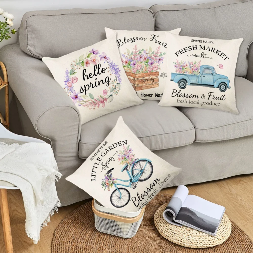 4pcs Printed Back Cushion Cover Set Sofa Bolster Pillowcase Wreath Truck Pattern Pillow Case for Home Decor Living Room 45x45cm