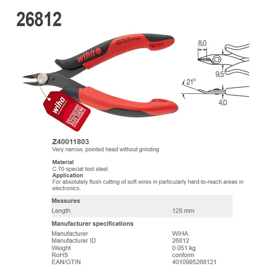 WIHA 26812 128mm Precision Electronic Diagonal Pliers Diagonal Cutters Very Narrow, Pointed Head Without Bevelled Edge Hand Tool