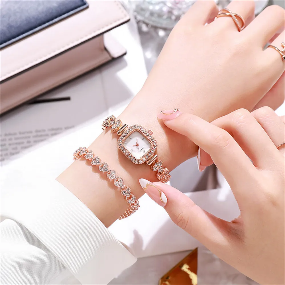 2piece set Ladies Luxury Diamond Set Square Shell Face Quartz Watch Fashion Stainless Steel Bracelet Women\'s Clock Watches