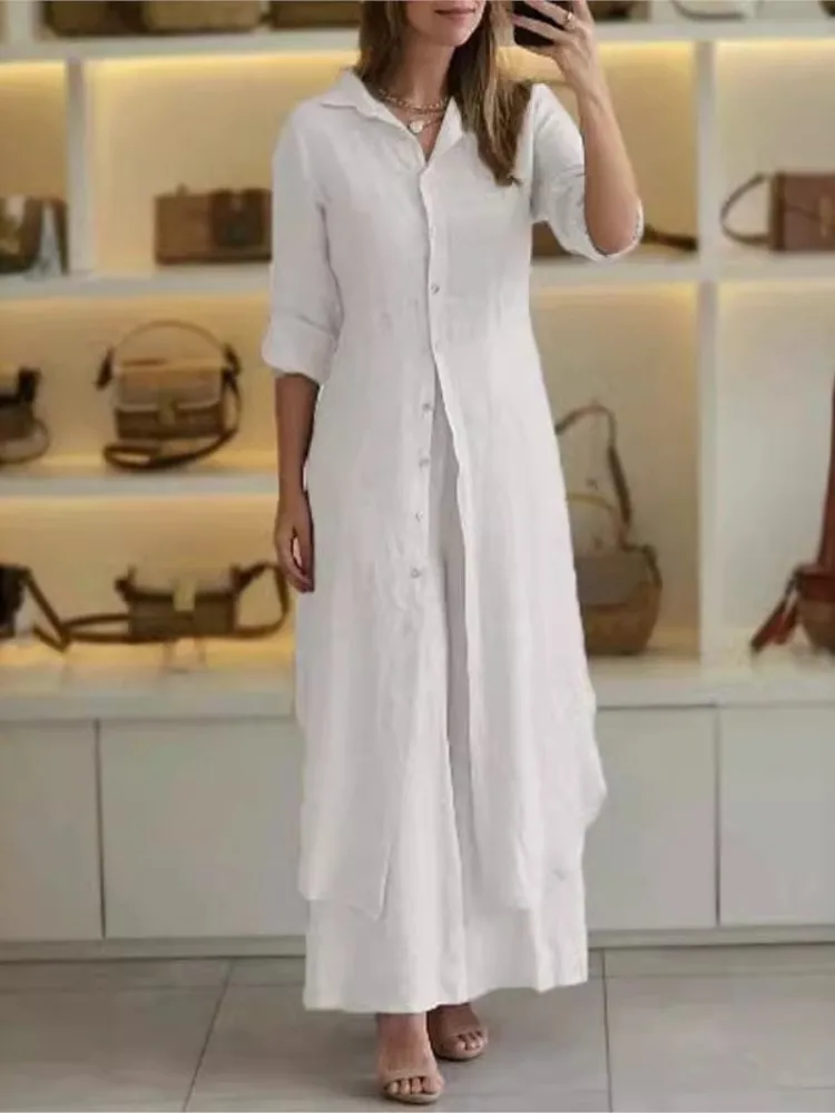 

new Elegant Solid Two Piece Sets Women Cotton Linen Suit Fashion Single Button Long Shirt Wide Leg Pants Outfits Office Lady