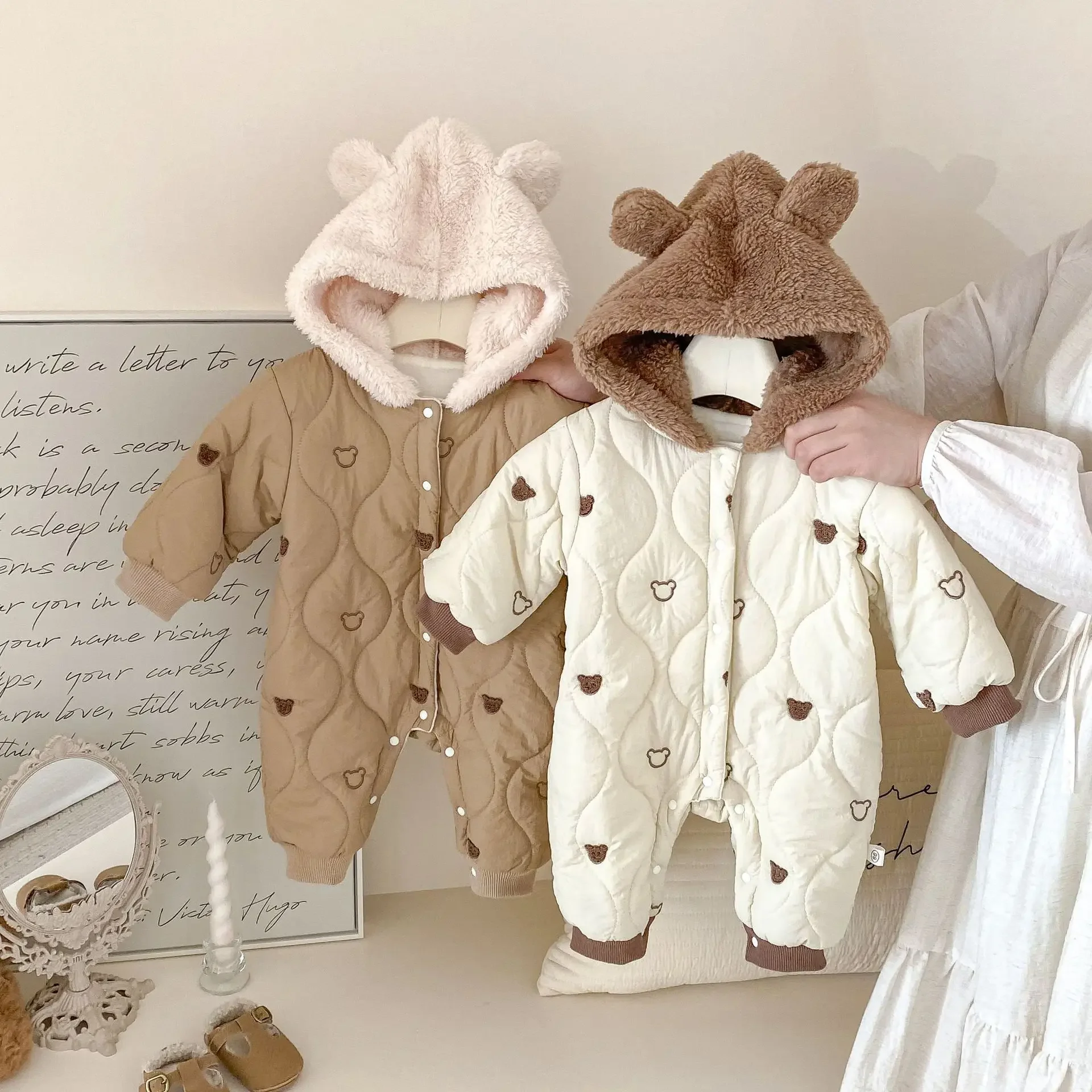 2024 Winter New in Kids Baby Boys Girls Thicken Plush Warm Outfits , Toddler Infant Cartoon Bear Jumpsuits Hooded Romper 0-24M