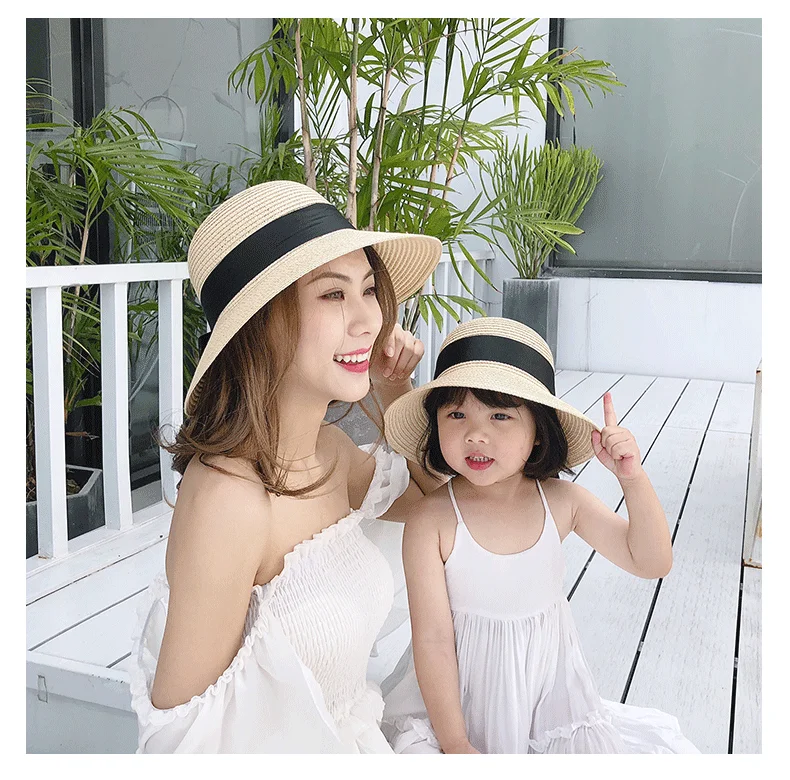 Summer Straw Hats for Beach Mom and Daughter Sun Panama Hats Simple Bow Kids Women Girl Lady Sunshade Bohemia Beach Vocation Cap