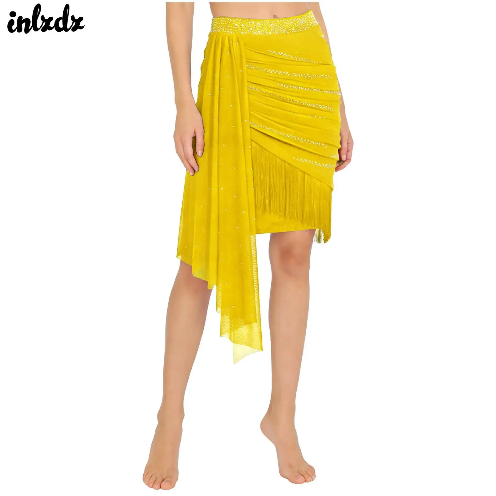 Womens Latin Dance Skirt Performance Costume Shiny Rhinestones Tassels Salsa Skirts Elastic Waistband Mesh Drape Ruched Skirt