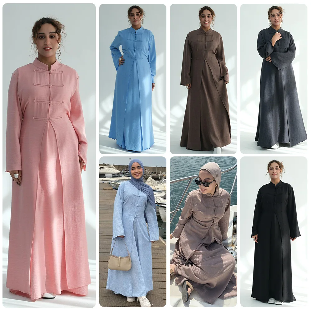 

2026 Spring New Women Frog Button Robe Stand Collar Frog Button Loose Tank Long Dress Suit Women Long Suit