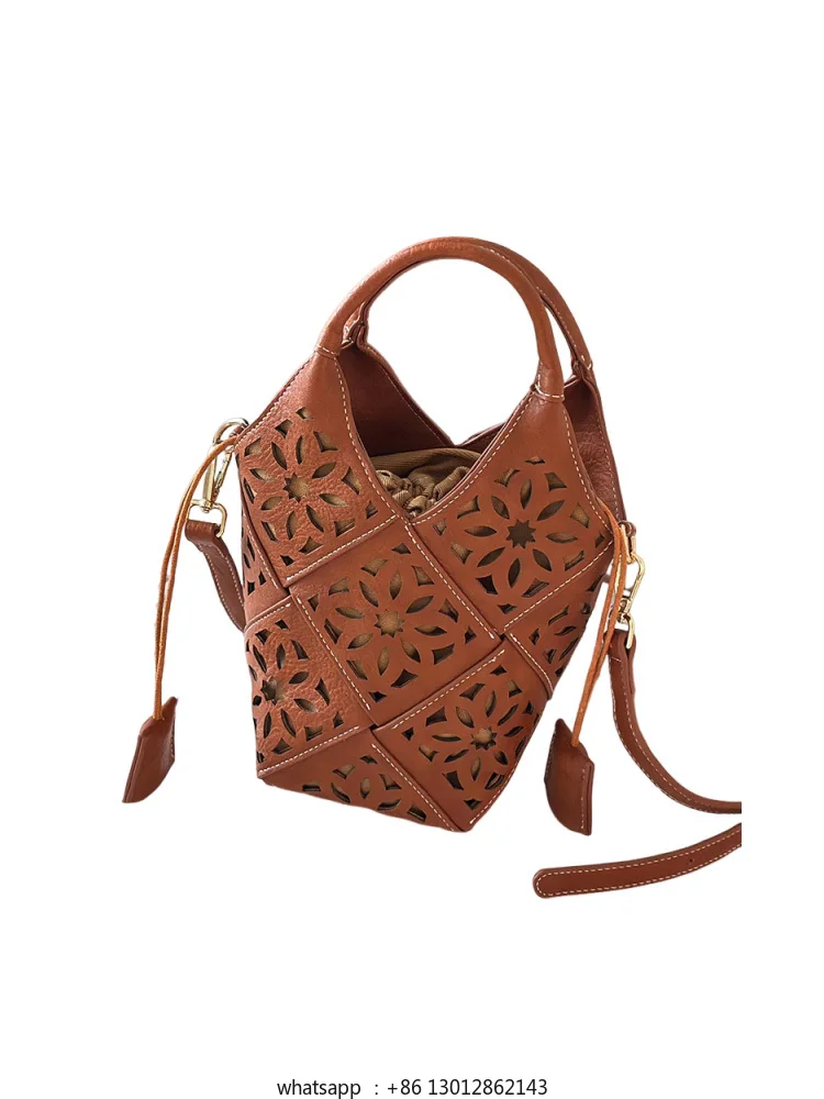 

Leather hollow bucket bag, high-end portable shoulder messenger bag