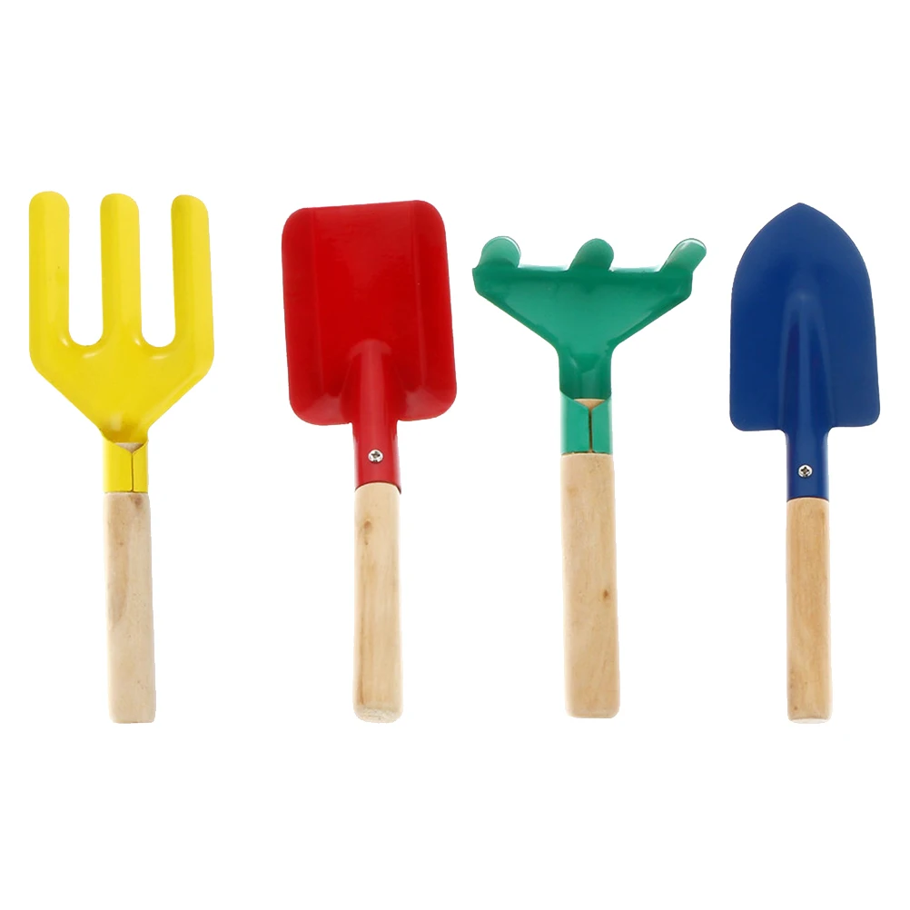 Robustes Holzgriff-Pflanzwerkzeug für Kinder, 4-teilig, Gartenskelle, Gabel, Rechen-Set, Metallkonstruktion, zum Spielen im Freien, Strandspielzeug