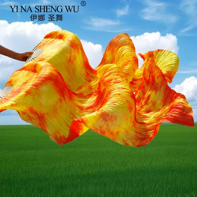 100% الحرير الرقص الشرقي مروحة الحجاب 2 قطعة اللون الأحمر الأصفر خلط مرحلة الأداء الرقص المشجعين النساء الفتيات الملحقات المهنية #1