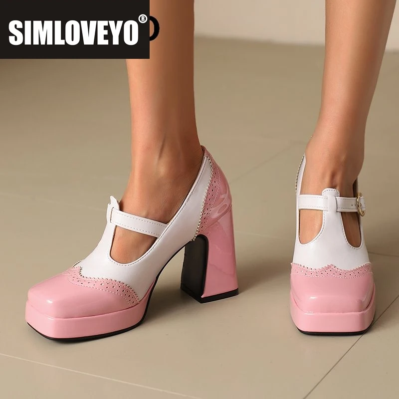 

SIMLOVEYO 2025 Женские туфли-лодочки Мэри Джейн с квадратным носком на массивном каблуке 9,5 см, платформа 2,5 см, Т-образный ремешок, разноцветные, большой размер 45, 46 47 48