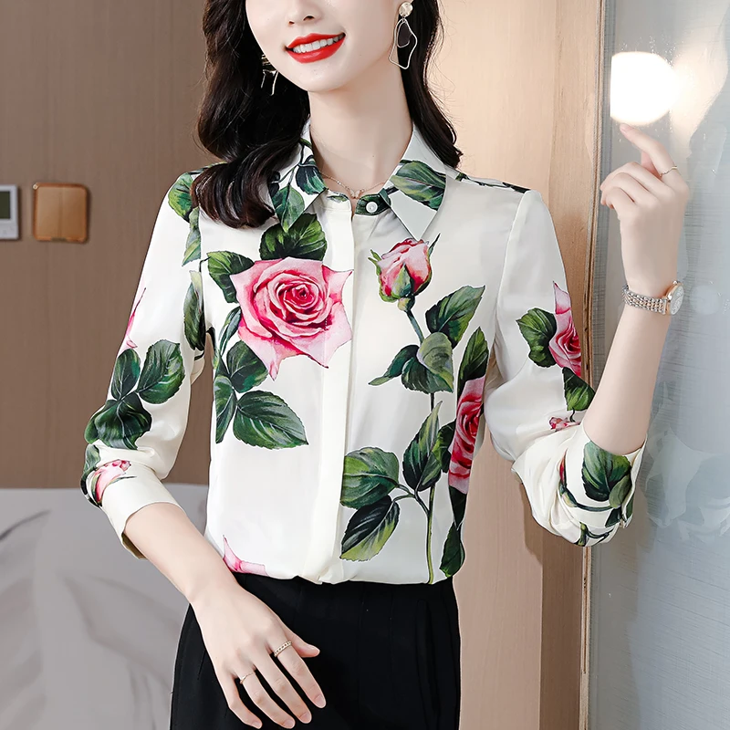 Camisa solta com botão de lapela estampado vintage feminino, tops casuais, blusa de senhora do escritório, roupas de primavera, nova, 2023