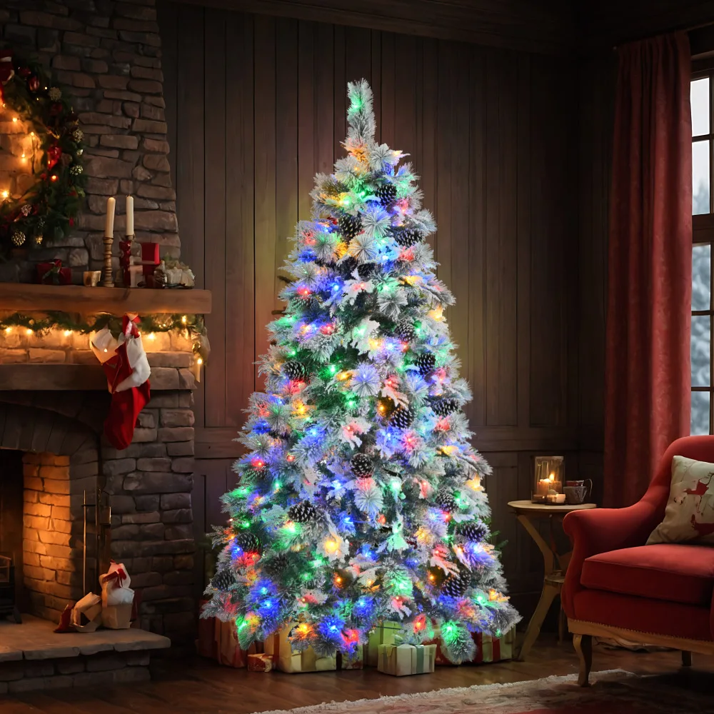 6FT Pre-Lit Spruce Snow Flocked Christmas Tree with Pine Cones, Artificial Xmas Tree with 403 Branch Tips.