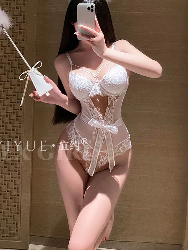 

2025 New Sexy Low Collar Backless Lace Hollow Out Mesh Sheer Open Crotch Bodysuits Women's Cinching Waist Slim Bodysuits 3MOL