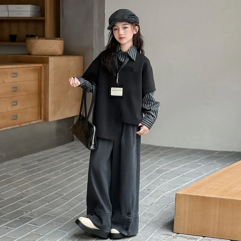 

Girls Clothing Set Autumn Striated Long Sleeve Patchwork Irregular Top + Wide Leg Jeans 2pcs Kids Suit for Teen Children Clothes
