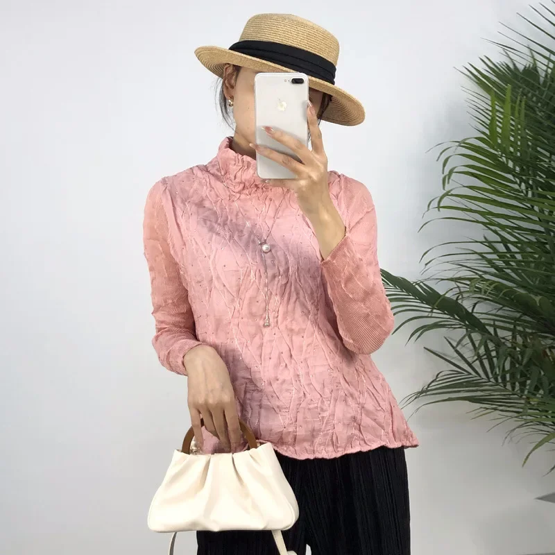 

Miyake Pleated Women's Long-sleeved Tops 2024 Spring New Fashion Heavy Industry Beaded Half-high Collar Loose Pleated Tops