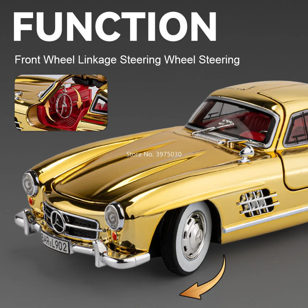 Modele samochodów Benz 300SL w skali 1:24, zabawki, kierownica, miniaturowe pojazdy z dźwiękiem i światłem, samochód vintage dla dzieci, prezenty na festiwale.
