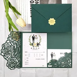 (10 pieces/lot) Forest Green Laser Cut Wedding Invitations DIY Kit Printable Tri-fold Floral XV Birthday Shower RSVP Card IC152