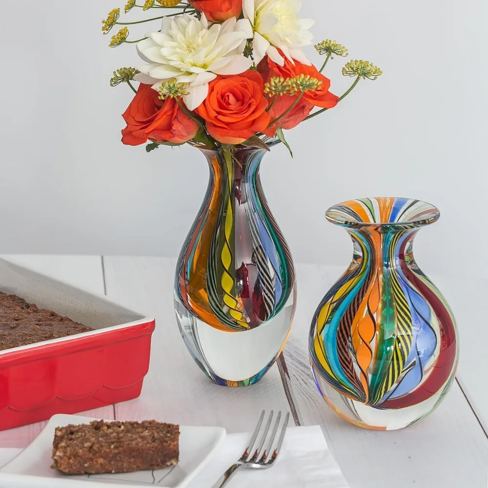 مزهرية زجاجية بوهيمية مصنوعة يدويًا مع زجاج فني ملون مستوحى من مورانو، موديل 2