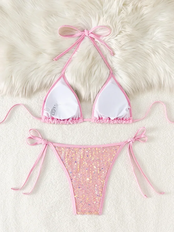Vzvn 2026 Women Triangle Wrapped Swimsuit 2 Piece Lace Up Swimwear Sexy Thong Bathing Suit Bikini Shiny Sequins Bikini Set