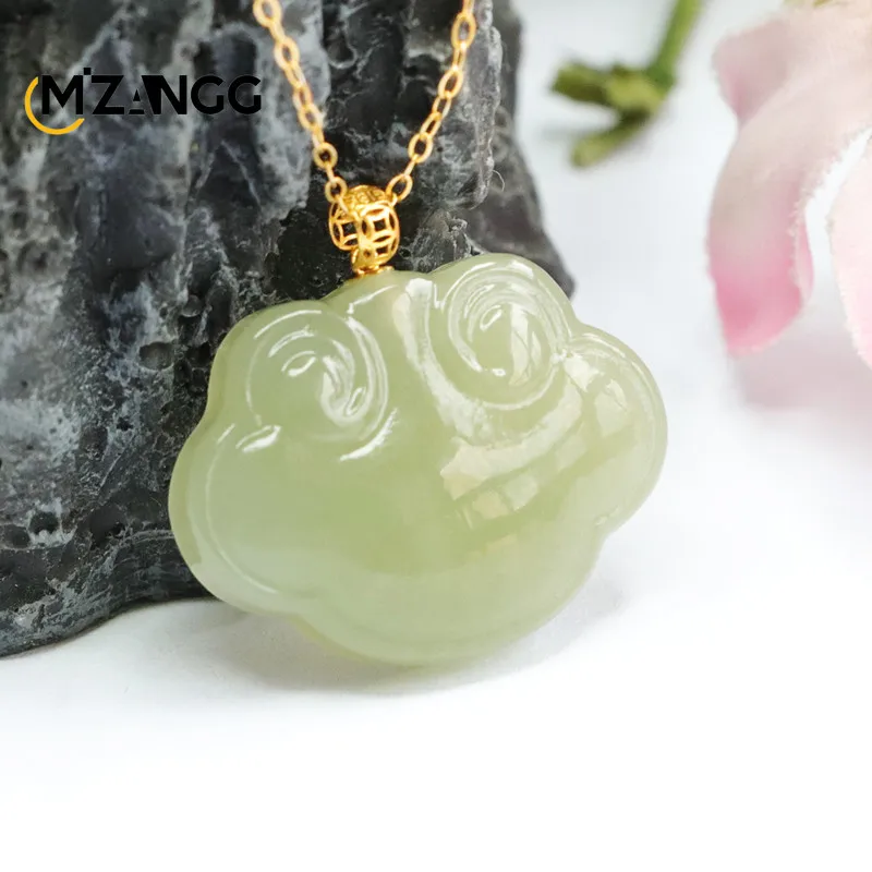 Natural 18k Gold Inlaid with HeTian Jade Ruyi Pendant Xiangyun Nafu Women's Necklace Hand-carved Fashion Charm Jewelry Mascot