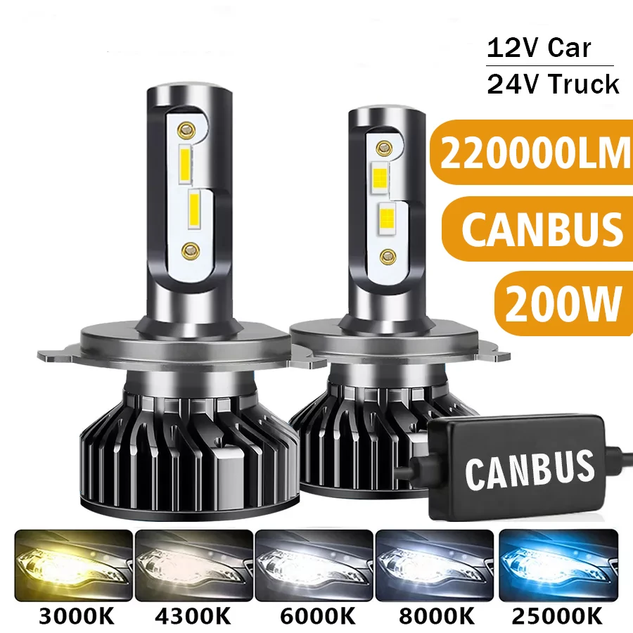 2Pcs H7 H4 Led 220000LM 6000K 8000K HB3 HB4 9005 9006 H1 H8 H9 H11 Bulb Canbus 110000LM 80W Headlight For 12V Car 24V Truck