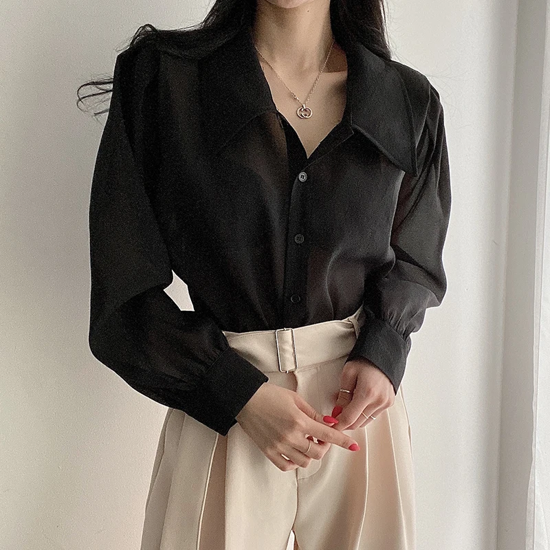 

Chic Collar Bubble Sve Sun Protection irt Loose Single Button Thin Top Women's Faionable Commute Sle Summer Blouse