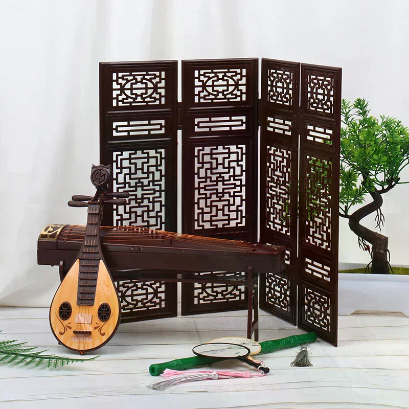 Dollhouse Miniature Folding Screen Flute Lute Guzheng Fan Life Scene Ornament