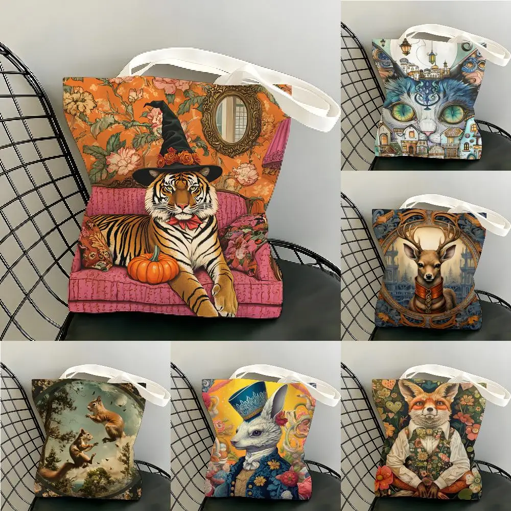 Funny Animal Vintage Portrait Storage Bags Canvas Tote Bag Women Large Capacity Reusable Eco Shopping Shoulder Handbag