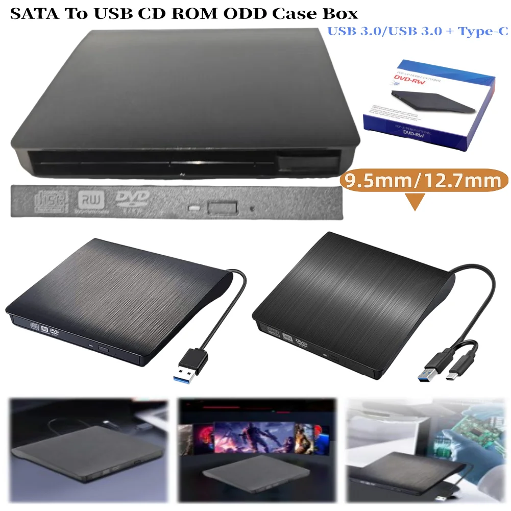 USB 3.0/USB 3.0 Typ-C SATA zu USB CD ROM ODD Gehäuse Box 9,5 mm/12,7 mm USB zu SSD Caddy Externes Laufwerk für Laptop Desktop PC Windows