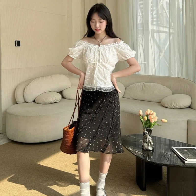 Deeptown Vintage Floral Skirts Women Elegant Korean Style Black Mesh Mid Skirt Sweet Y2k Harajuku A-line Short Skirts Aesthetics
