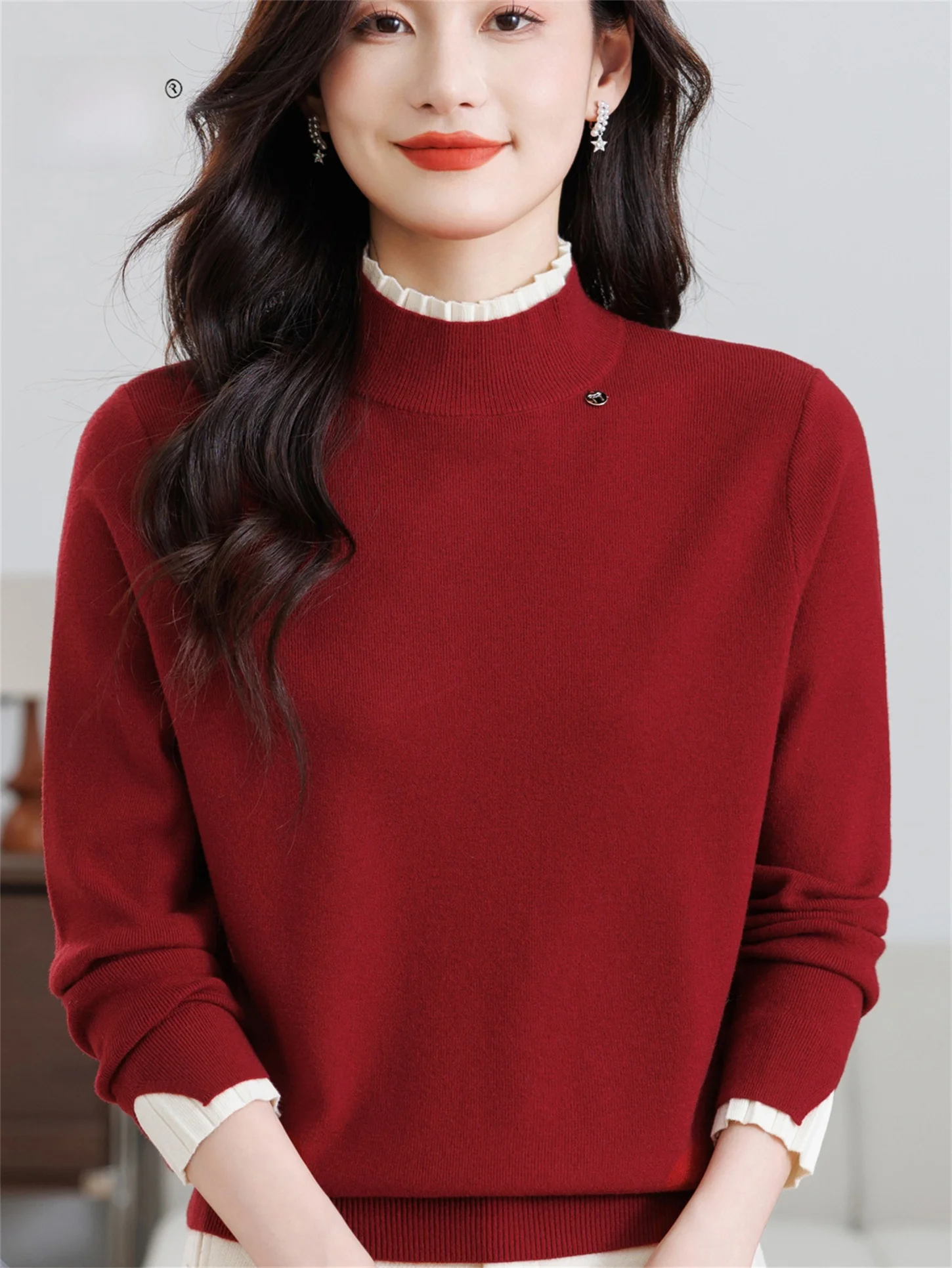 

Вязаный свитер Sli с высоким воротником, облегающий базовый слой для женщин среднего возраста и ly, осень-зима Faion