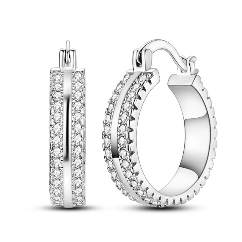 Kolczyki damskie ze srebra próby 925, błyszczące, dwurzędowe kolczyki koła z cyrkoniami, idealne na rocznicę, ślub, jako prezent jubilerski.