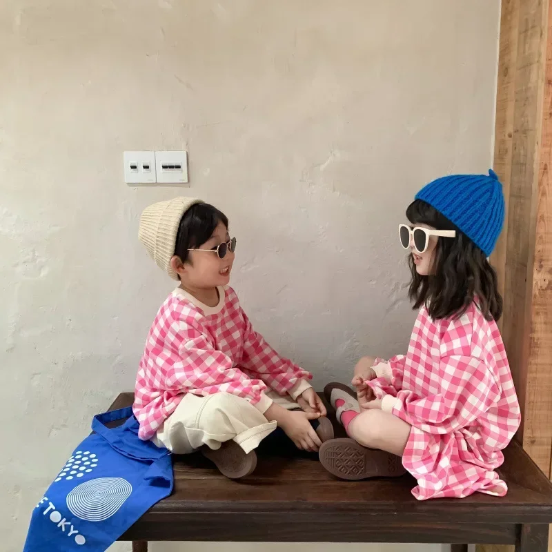 Children Clothes Brother Sister Clothes Leisure Plaid Boy's Sweater Or Girls Dress Boys T Shirt