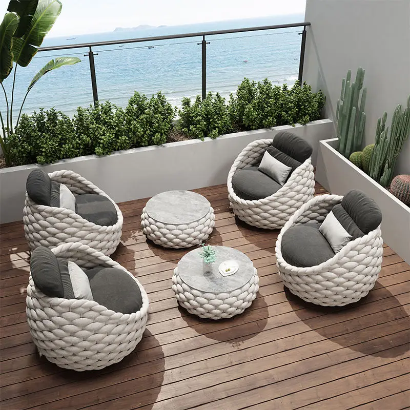 Patio Outdoor Furniture Rattan Sofa Curl Rope Sofa Leisure Lounge Chair Garden Sets With Waterproof Cushion