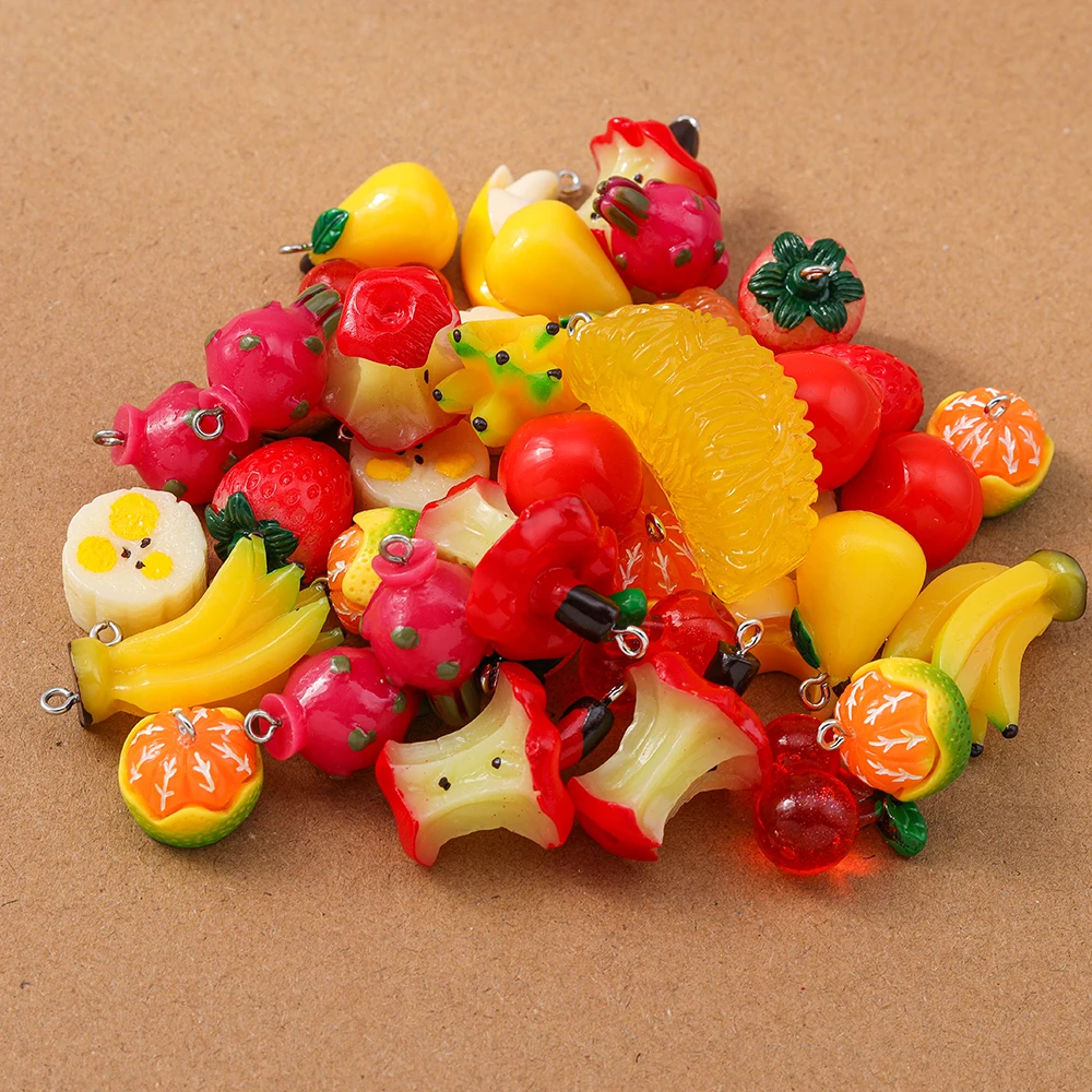 10pcs Random Mix Resin 3D Fruit Charms Apple Banana Orange Cherry Pendants for Jewelry Making Earrings Necklace DIY Accessories