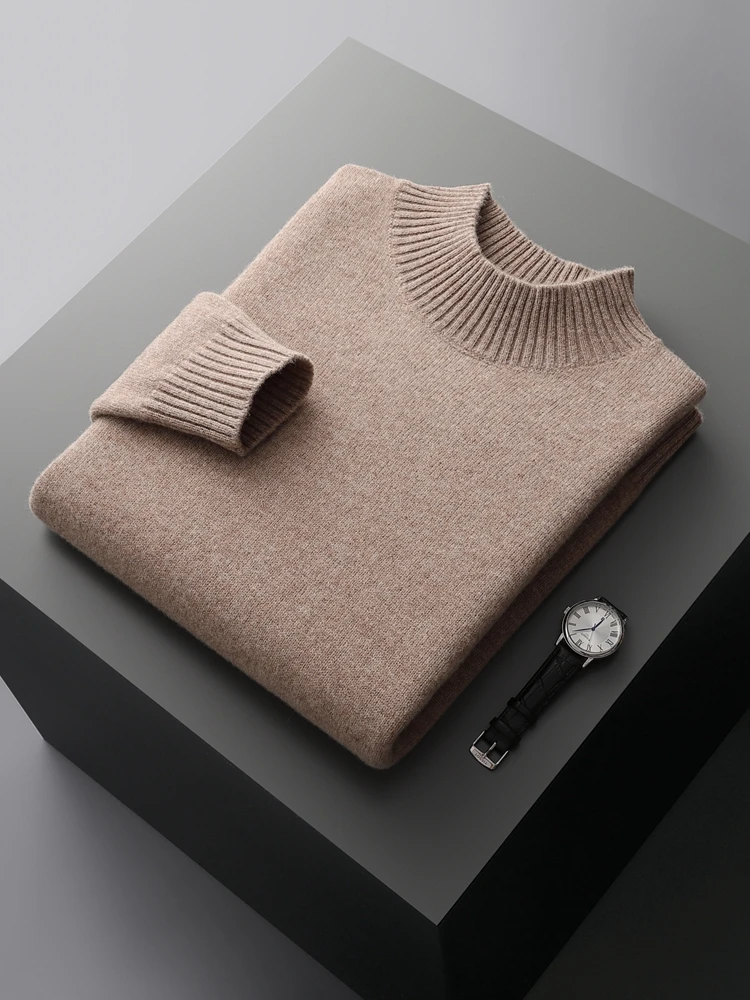 Autumn Winter Thick Men Sweater Long Sleeve Mock-neck Pullover 100% Merino Wool Warm Solid Cashmere Knitted Casual Clothes Tops