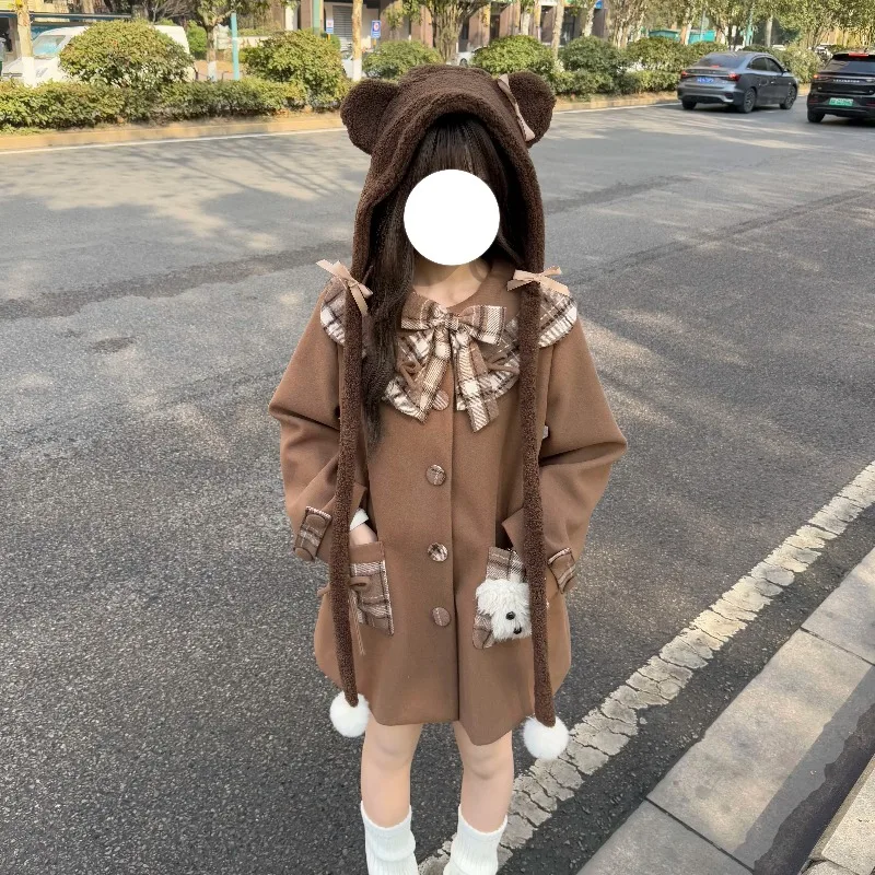 Cute Cartoon Plush Puppy Plaid Bow Doll Collar Thickened Warm Wool Coat Women Autumn Winter New Japanese Sweet Coffee Color Coat