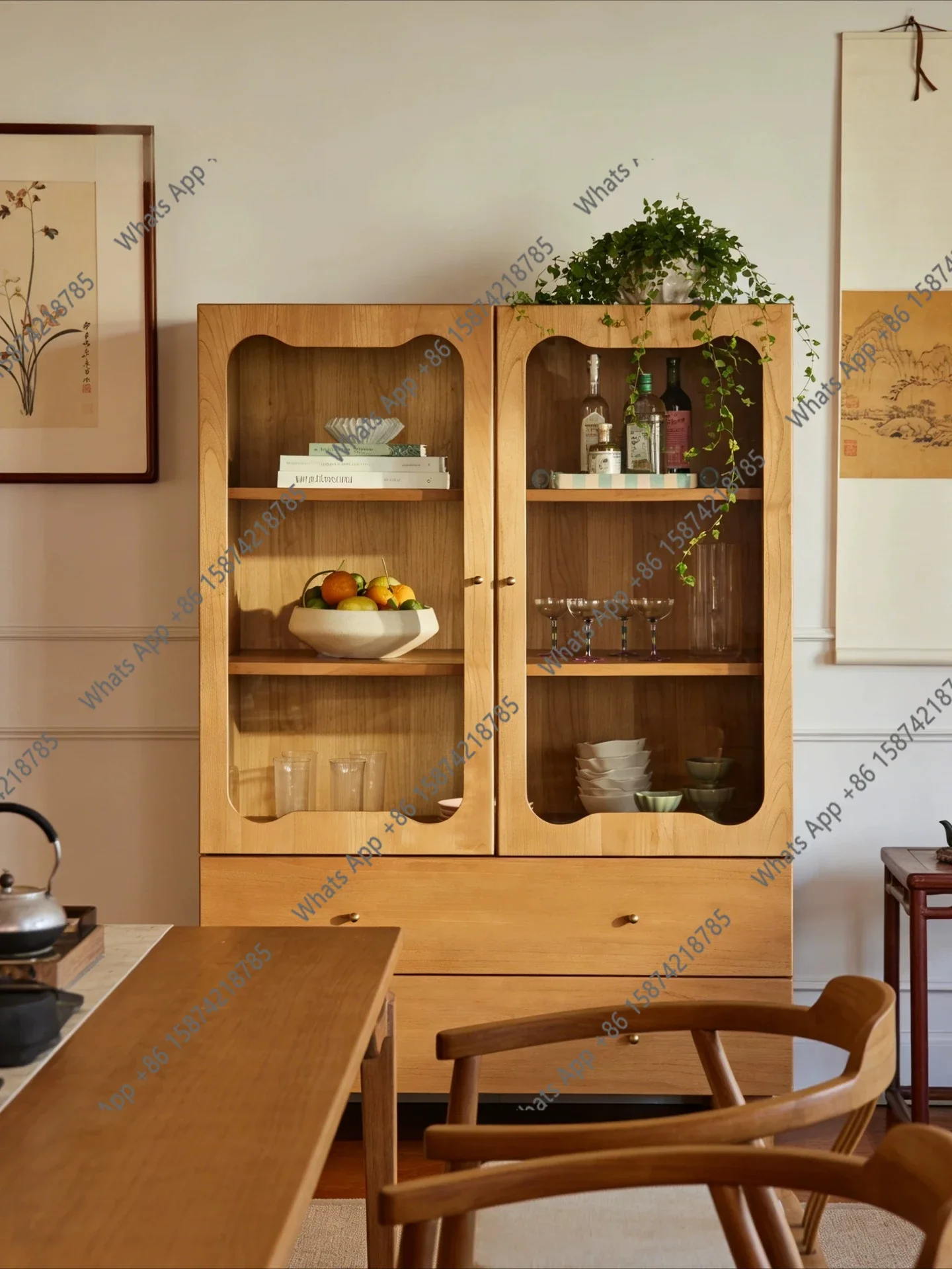 K65 Designer Solid Wood Bookcase, Side Living Room, Second-hand Cabinet, Light Luxury, Cloud High Cabinet, Glass Bucket, Second-