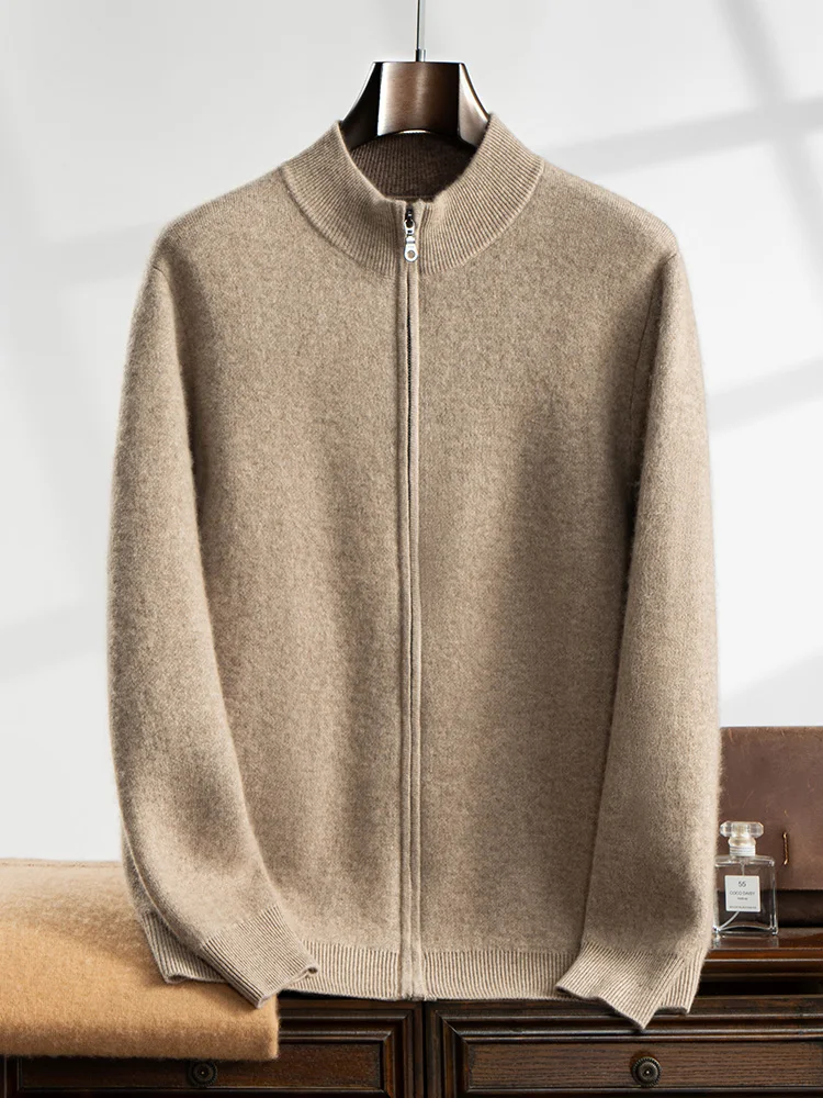 

High Quality Men Winter Thick Cashmere Cardigan Mock Neck Zipper Sweater 100% Cashmere Knitwear Smart Casual Soft Warm Clothing