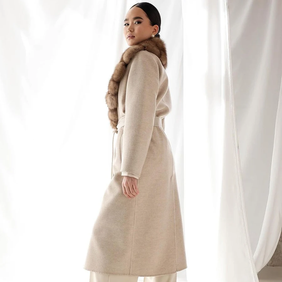 Manteau en laine véritable avec col coloré en fourrure de renard pour femme, veste longue, manteau en laine d'hiver, haute qualité, tendance de la mode, 2024