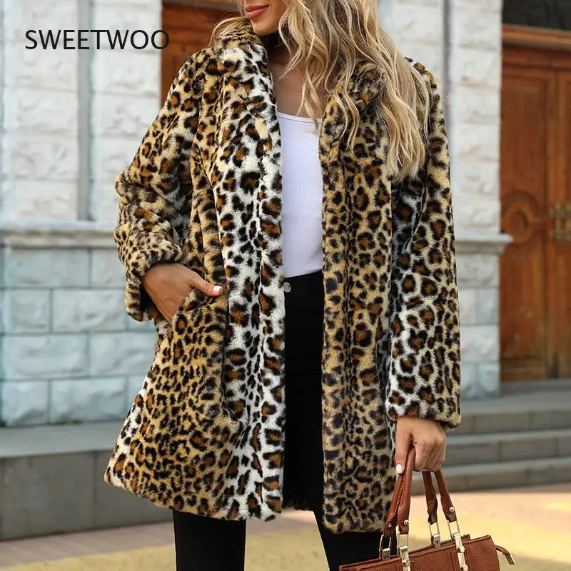 Women Faux Fur Coat Streetwear Autumn Winter Warm Plush Teddy Coats Long Leopard Print Luxury Fake Jacket Fur Coat Jackets 2022