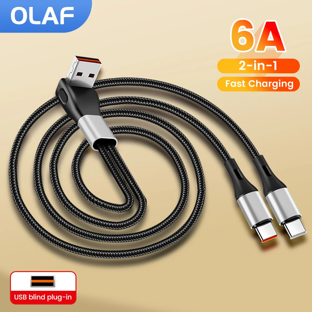 

0,6 м/1,2 м 6A USB A/USB C к двойному кабелю типа C для быстрой зарядки 66 Вт USB C-кабель для iPhone 15 16 Samsung Xiaomi Huawei локтевой кабель