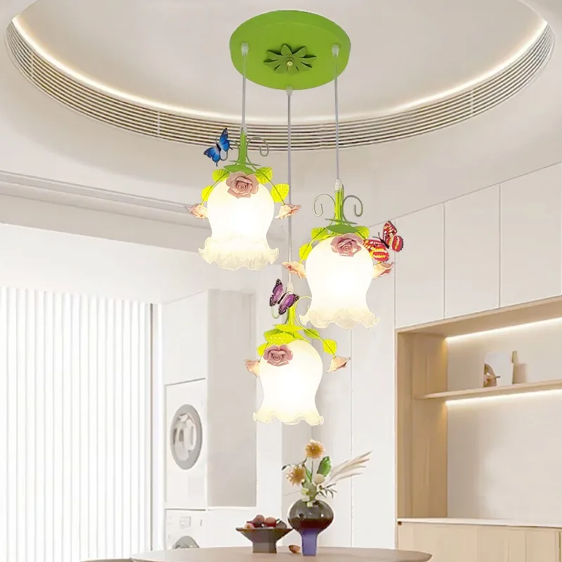 

Pastoral Style Three-head Restaurant Chandelier Wrought Iron Flower and Grass Rose Bedroom Dining Room Lights